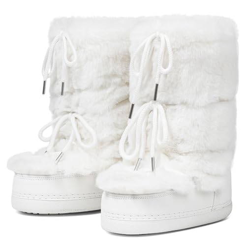 CELNEPHO Fur Boots Comfortable Winter Boots for Women Fuzzy Boots Mid Calf Anti-Slip Rubber Sole Cute Y2K White Snow Boots Indoor Outdoor