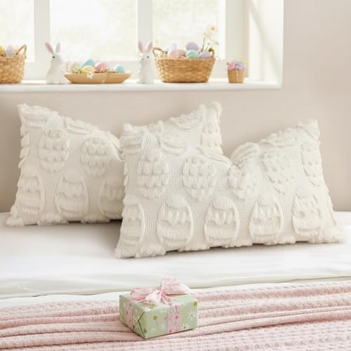 Image of decorUhome Easter Cream White Egg Pillow Covers 12x20 Inch Set of 2, Soft Plush Faux Wool Jacquard Cushion Covers, Farmhouse Neutral Fuzzy Spring Easter Holiday Decor for Couch Sofa Bed