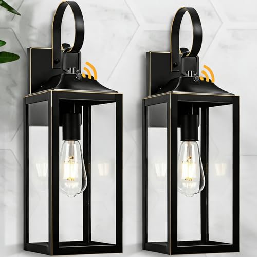 Image of 19 inch Dusk to Dawn Outdoor Lighting Porch Lights Black with Gold Trim 2 Pack | Large Outdoor Wall Lights, Sensor Exterior Lighting Fixtures, Toughened Glass, E26 Socket, Waterproof for House Garage
