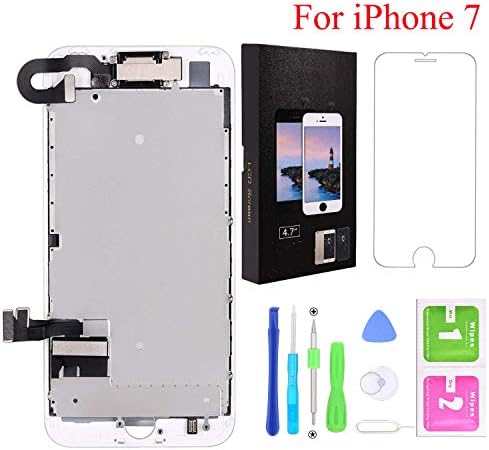 Screen Replacement for iPhone 7, LCD Display and Touch Screen Digitizer Replacement Full Assembly with Proximity Sensor, Ear Speaker, Front Camera, Repair Tools (White,4.7 inch)