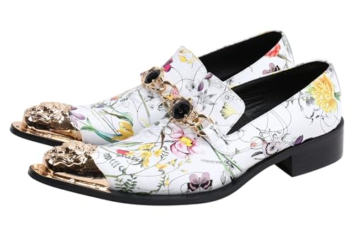 Santimon Mens Loafers Pointed Toe Leather Fashion Buckle Rhinestone Metal Tip Western Dress Shoes