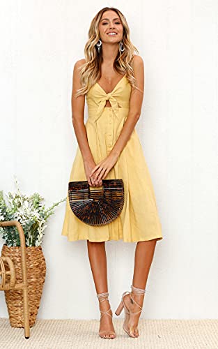 Ecowish Women 2023 Summer Dresses Tie Front V-Neck Spaghetti Strap Button Down A-Line Backless Swing Midi Dress Yellow M #TOP7
