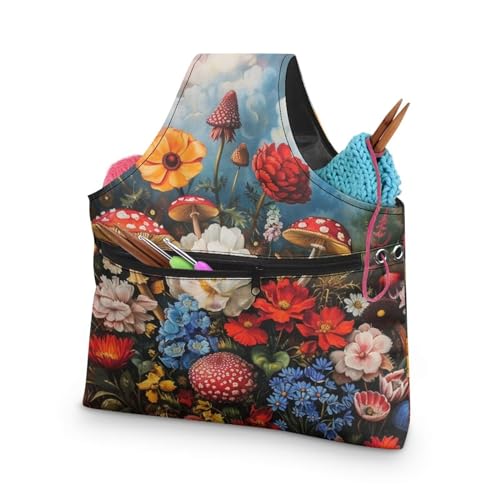 Image of Mushroom knitting Bag Organzier Yarn Bags for Crocheting Hook Organzier Lightweight Knitting Tote Bag Holding Yarn Knitting Needles,Large