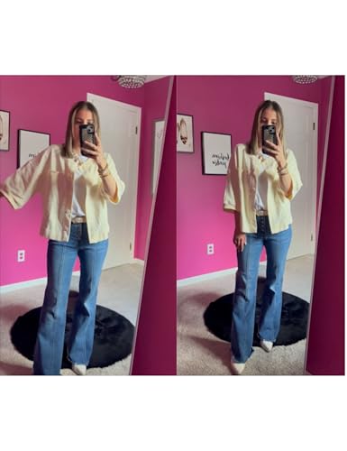 QIBABU Womens Button Down Cardigan Casual Open Front 3/4 Sleeve Crewneck Sweatshirt Tops3