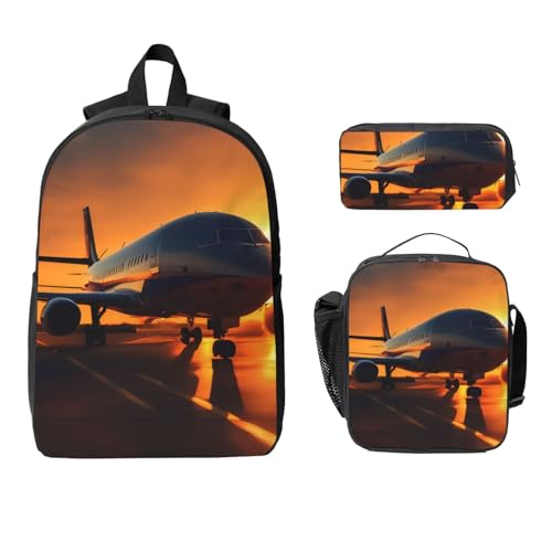 airplane at sunset print Shoulder Bookbags Lunch Bag and Pen Case 17 inches Backpack with Lunch Box, Cute Bookbag Set2