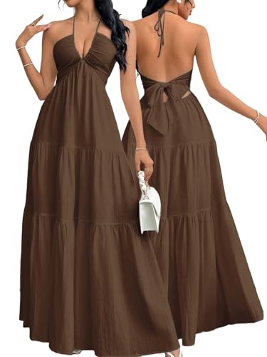 Image of Narecte Women's Maxi Summer Dresses Halter V Neck Beach Dresses for Women A-Line Casual Dress for Vacation