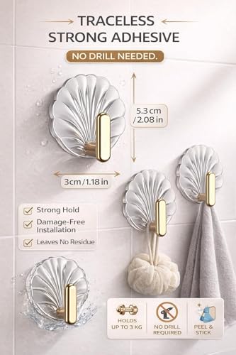 Image of Self Adhesive Hooks for Wall Heavy Duty - 10kg Load Capacity Waterproof Transparent Wall Hooks for Hanging - No Drilling Nail (ProHold Hoo (Shell Shaped Pack of 4)