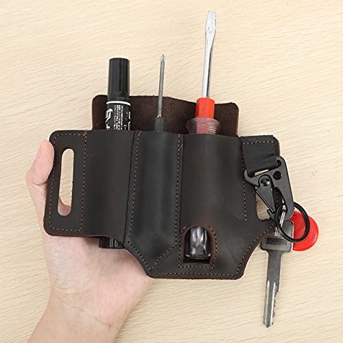 YESBAY Leather Sheath EDC Pocket Organizer, EDC Leather Sheath for Blet, Multitool Sheath with Pen Holder Key Fob Flashlight Pouch Dark Brown