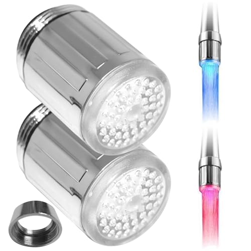 2 Pcs Led Faucet Light with Adapter 3 Colors Strong Water Kitchen Faucets Glowing 1.3x0.1 In Temperature Control Anti-Leak Green Blue Red Sink Light for Bathrooms