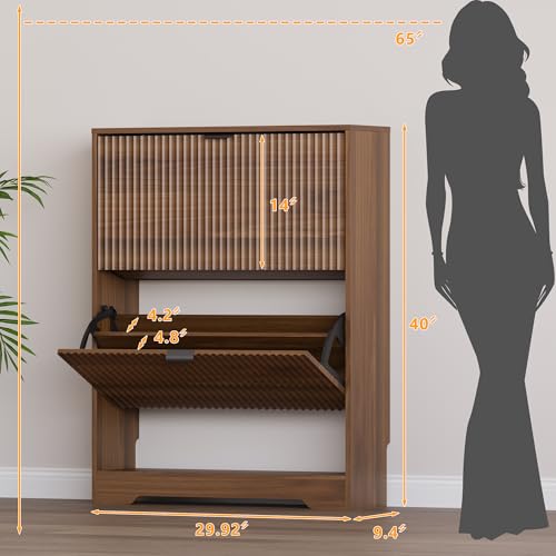 Image of BORNOON Shoe Cabinet with 2 Flip Drawers, Fluted Shoe Storage Cabinet with Adjustable Shelves, Freestanding Rack and Organizer for Entryway, Closet, Hallway