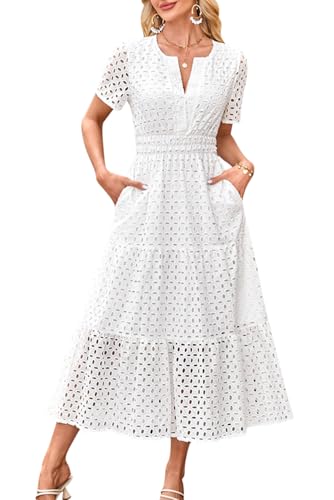 MAGIMODAC Sommerkleid A Linie Damen Lang Kurzarm V Ausschnitt Midikleid Maxikleid Freizeitkleid Baumwolle Kleider Strandkleid mit Taschen Weiß 2XL