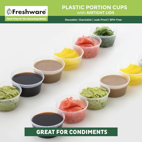 Image of Freshware Plastic Portion Cups with Lids [3.25 Ounce, 200 Sets] Disposable Plastic Cups for Meal Prep, Salad Dressing, Jellos Shot Cups, Souffle Cups, Condiment and Dipping Sauce Cups