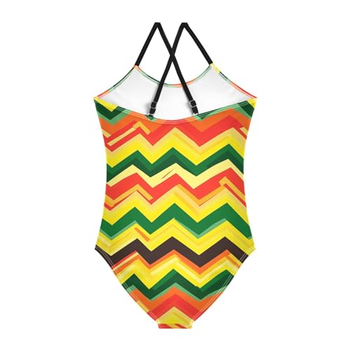 KLL Jamaican Color Zigzag Pattern Girl 1-Piece Swimsuit Summer Swimming Suits with Adjustable Straps Quick-Dry2