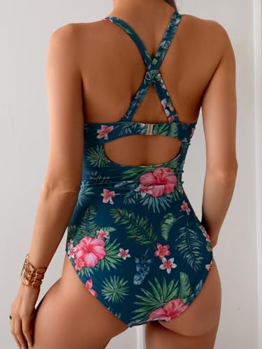 Image of Aidonger Women's One Piece Color Block Swimsuit Tummy Control Slimming Bathing Suit V Neck Cutout High Waisted Swimwear