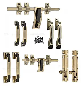 Soul Craft Galaxy Zinc Alloy Heavy Double Door Fitting Accessories Full Set/Kit (1 Aldrop, 1 Latch, 4 Handles, 2 Tower Bolt and 2 Door Stopper) (12 Inch,Antique Brass)