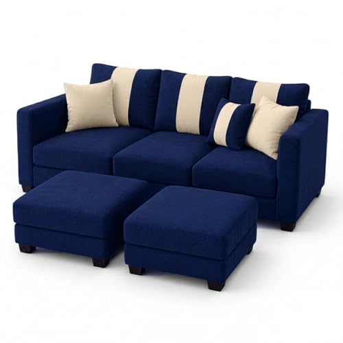 Image of Vero 5 Seater L Shape Sofa Set with 2 Movable Ottomans | Flexible Layout | Luxury Velvet Suede Fabric | Modern Living Room Sofa | Dark Blue