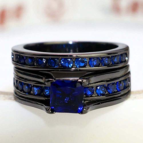 TWO RINGS His Hers Wedding Ring Sets Couples Rings Women's Black Gold Plated Blue Sapphire CZ Wedding Engagement Ring Bridal Sets & Men's Titanium Wedding Band3