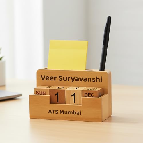 Image of Deskart Personalized Desktop Cube Flip Calendar| Wooden Customized Lifetime Infinity Calendar with Visiting Card, Pen Holder and Personal Name Marking | Foldable for Home Decor, Office Desk and Study Table (Infinity Personalized)
