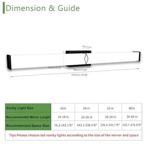 Image of 40 Inch Bathroom Vanity Light 3600LM, 5700K Daylight White Modern Bathroom Light Dimmable, AC 120V 40W Matte Black LED Vanity Lighting Fixtures Wall Sconce ETL Certified, 1Pack