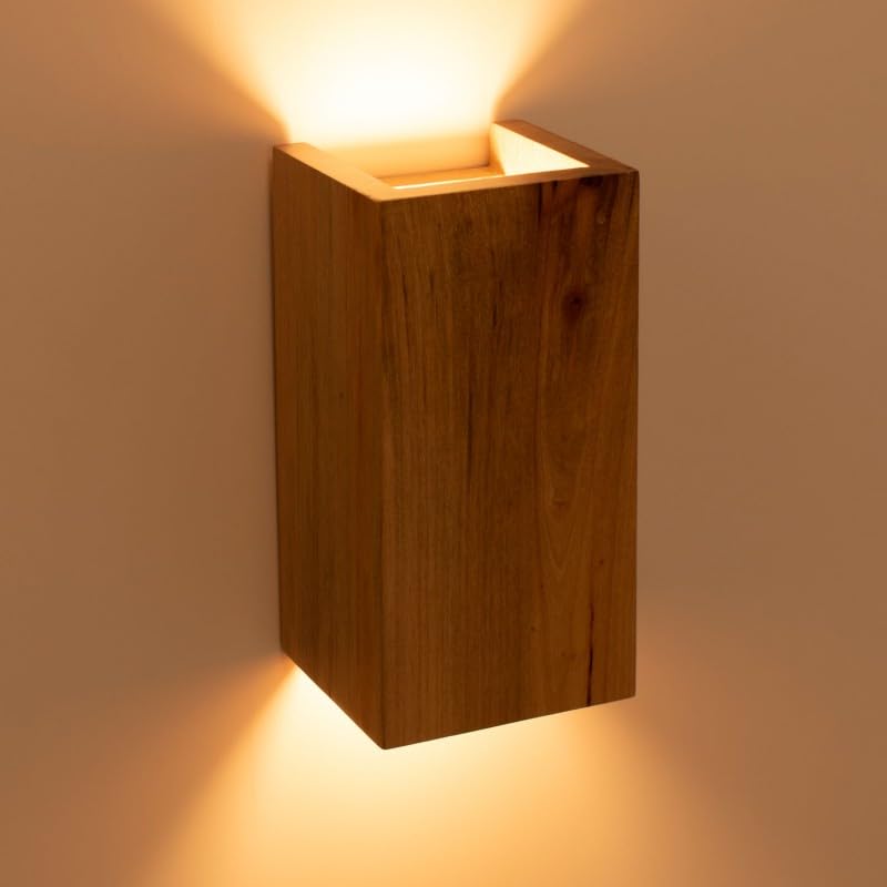 Alpinaluz Aplique de Pared Rectangular de Madera Natural “LLONA” – Luz Bidireccional Arriba y Abajo – 2 Casquillos GU10 – Estilo Nórdico Moderno para Interiores, Salón, Dormitorio y Pasillo