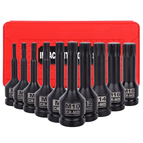 1/2 Inch Impact XZN Bit Socket Set, 10 Piece M5-M18 Drive Impact XZN Triple Square Spline Bit Socket Set for DIY Household Car Bike Repair Home Tools