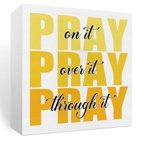 Inspirational Bathroom Room Decor, Christian Bible Desk Decoration, Accessories for Women Office, Dorm Decor Gifts for Women, Wooden Box Sign for Home Bedroom Table Shelf-Pray Through It(yellow)