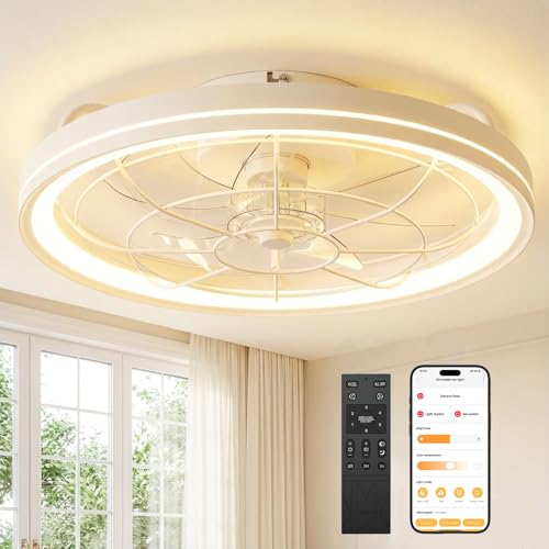 Deckenventilator mit Beleuchtung Dimmbare Deckenleuchte mit Ventilator Leise Ø48cm 6 Stufen 3000-6500K Fernbedienung & App Timer Ceiling Fan Light für Schlafzimmer Wohnzimmer (Weiß)