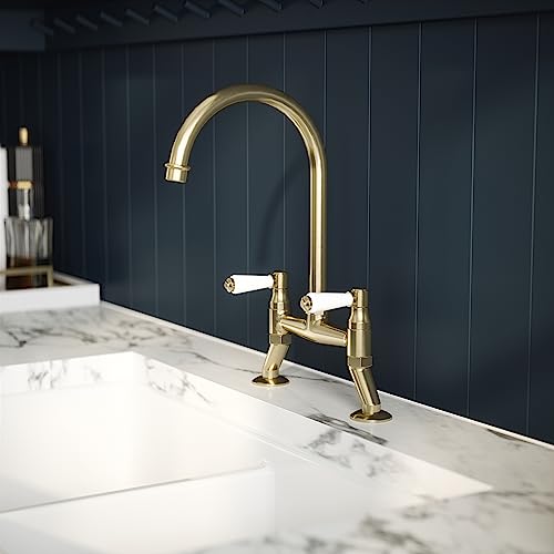 nuie KB817 Kitchen Taps Traditional Bridge Mixer Kitchen Tap with Lever Handles, 237mm, Brushed Brass - Image 3