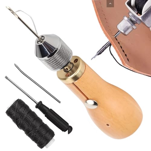 Sewing Awl Kit - Speedy Stitcher Leather Sewing Kit with Hand Stitcher 2PCS Needles Waxed Thread Screwdriver for Leather Canvas Oxford Thick Fabric Shoes Bags Tarp Stitching Material