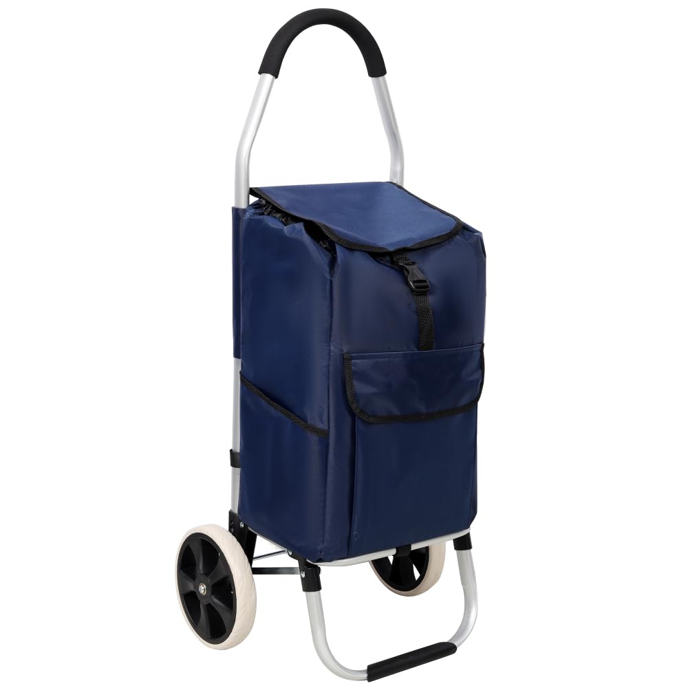 Foldable Shopping Cart with Wheels, Lightweight Aluminum Frame, Removable Waterproof Oxford Cloth Bag, Blue (Blue + Aluminium)