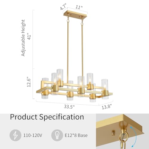 Image of WUZUPS Island Rectangle Chandelier 8-Light with Clear Glass Industrial Modern Farmhouse Linear Light Fixture for Dining Room Kithen Island, Width 33.5 inch Height 12.6 inch, Gold
