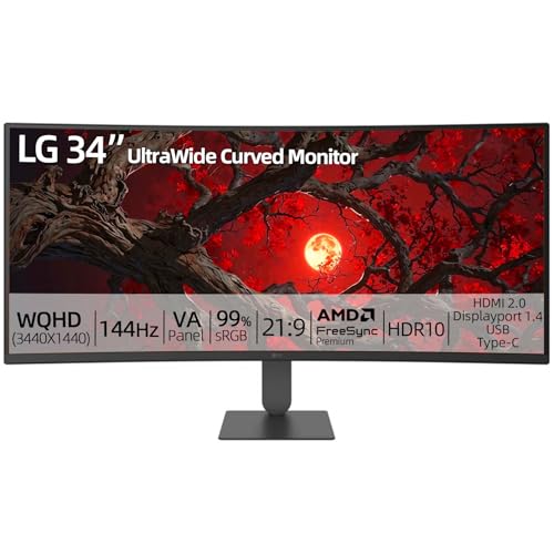 Image of LG 34 inch UltraWide Curved Monitor, WQHD (3440 x 1440) VA Display, 144Hz, 4000:1, AMD FreeSync, HDR10, Built-in KVM Switch, sRGB 99%, HDMI, Display Port, USB Type-C, Height /Tilt Adjustable Stand