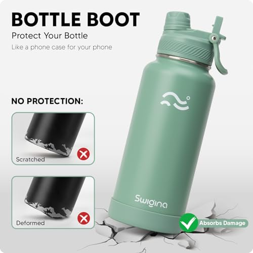 Image of Swigina [2-IN-1 LID] Insulated Water Bottle with Silicone Boot (36hrs Cold /18hrs Hot) - DIY Stickers, Leakproof, BPA Free, 32 oz