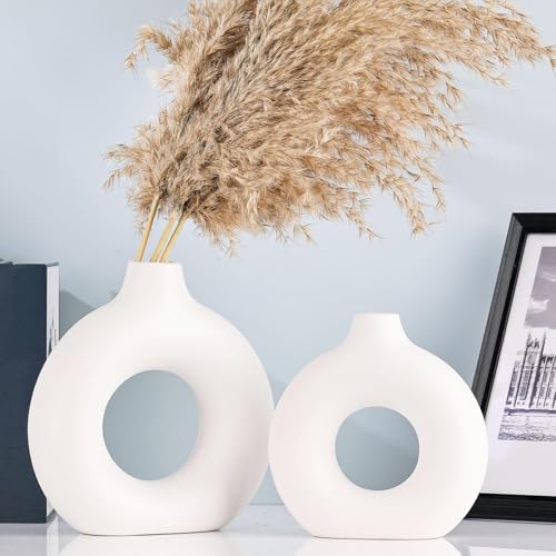 Image of White Donut Vase Hollow Ceramic Vase for Flowers Handmade Minimalist Style Modern Home Decor Round Shape Table Party Living Room Office Bedroom (8 Inch X-Large)