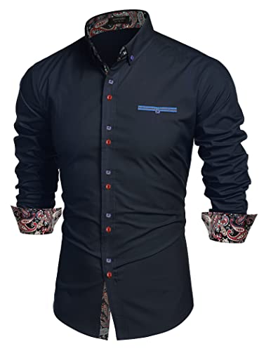 Coofandy Men's Fashion Slim Fit Dress Shirt Casual Exotic Shirt, 01-dark Blue, Medium - Thumbnail 2