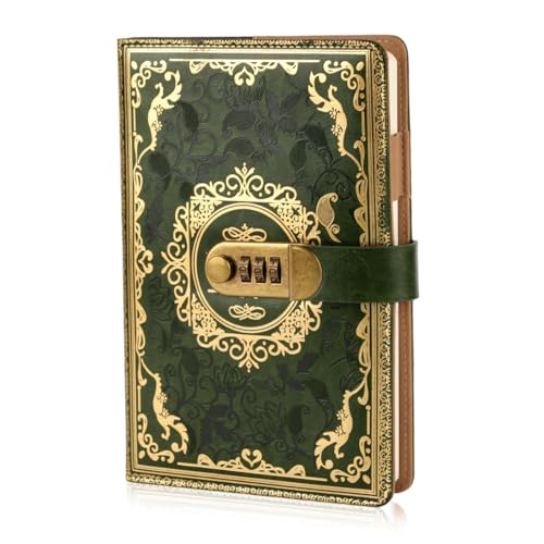 Image of Climberty Personal Diary with Password Lock, A5 Retro Green Embossed Journal, 100-Sheet Lined Paper, Secure Private Daily Planner & Memory Book Gift for Sister, Friends, Students (Green)
