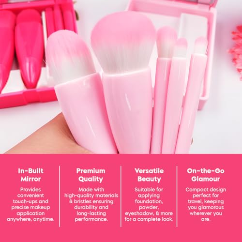 Image of Gleva Travel Size Mini Makeup Brushes Set with Mirror, Small Complete Function Cosmetic 5 Pcs Brushes Kit Case Apply to Face Foundation, Powder Concealers Eyebrow Eyeshadow Blush and Lip Gloss