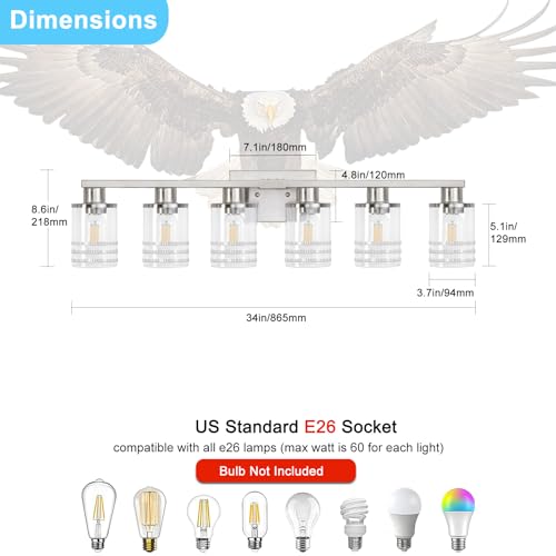 Image of YYT 6-Light Bathroom Vanity Light Brushed Nicekl 6 Light Vanity Lights for Bathroom Light Fixtures Brushed Nicekl with Clear Glass Shade E26 Scoket