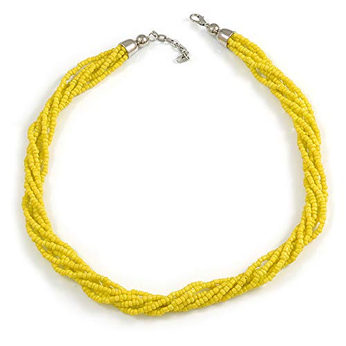 Collier multirangs torsadés perles de verre jaune citron Avalaya ajustable 48cm