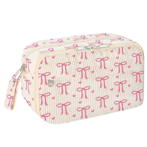 Image of WOBAGMEN Cute Pencil Case,Large Corduroy Zippered Pencil Case Pouch, aesthetic Pencil Bag with Compartments, Pencil Pouch School Supplies (pink bow)