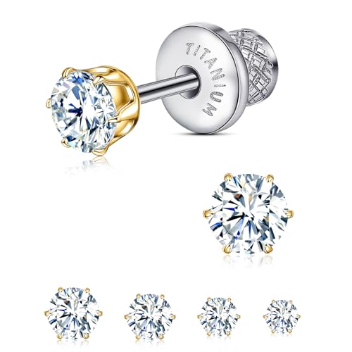 Limerencia Hypoallergenic Titanium Flat Back Earrings 6 Prong White CZ Screw Back Studs | Implant Grade Titanium for Sensitive Ears | Nickel-Free Pain-Free Sleep & Shower Wear | Stylish Gift for Women and Men