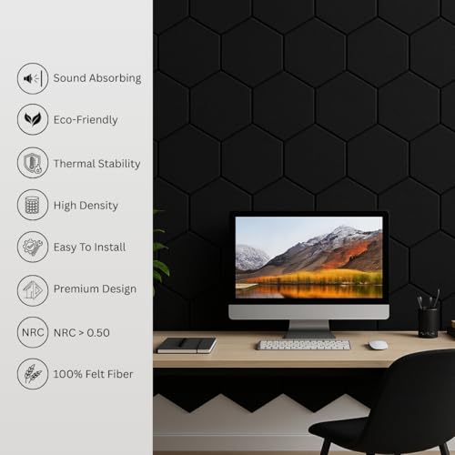 Image of MMT Acoustix HexaFelt Bevelled Acoustic Panels, Luxury Sound Absorbing Felt Wall Panels for Home, Office & Studios | VOC Free, 30x30 cm | Pack of 7 | Piano Black Colour