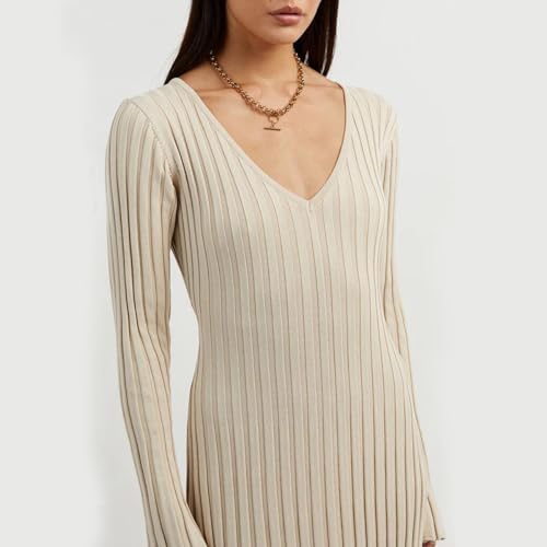 Image of Women's Long Knit Crewneck Sweater Dress Tie Waist A-Line Swing Pleated Bodycon