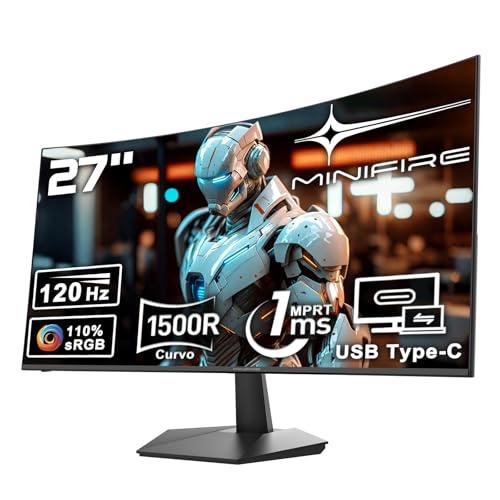 Minifire Écran PC Incurvé 27 Pouces 120Hz - Panneau VA 1500R Full HD (1920 x 1080p), Temps de Réponse MPRT 1ms, sRGB 110%, Filtre Lumière Bleue, HDMI 1.4,...