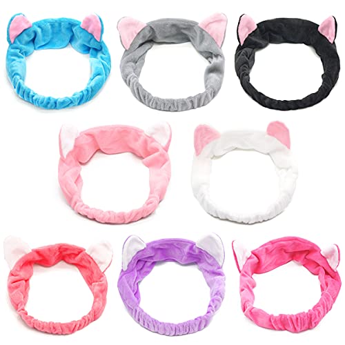 8pcs oreilles de chat bandeaux - spa douche visage lavage bandeau bandeau facial maquillage bande wrap lavable tissu coloré s'adapte à toutes les tailles de...