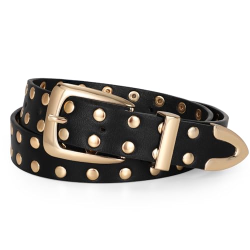 JASGOOD Women Studded Belt Ladies Punk Belt Gold Buckle Vintage Leather Belt for Jeans Dress