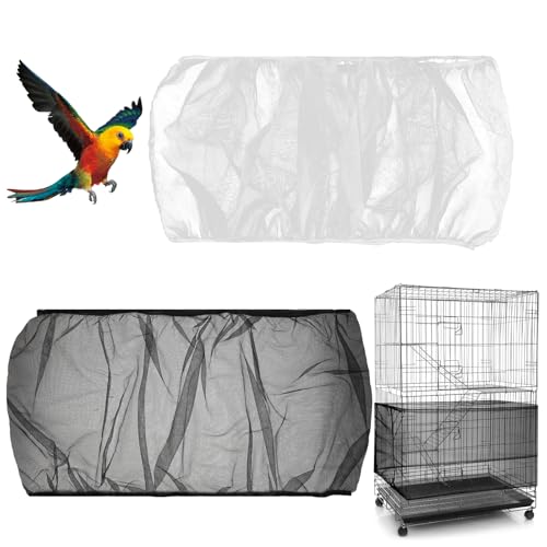 2Pcs Universal Bird Cage Seed Catcher, Adjustable Bird Cage Netting Seed Catcher, Large Stretchy Bird Cage Cover Skirt, Soft Airy Cage Net Stretchy Skirt for Round Square Cages (White, Black)