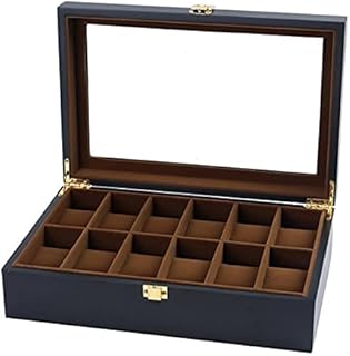 Watch Storage Box Watch Display Holder Case Leather Carbon Fiber Jewelry Bracelet Collection Organiser with Glass Lid (Black Solid Wood 5 Slot)