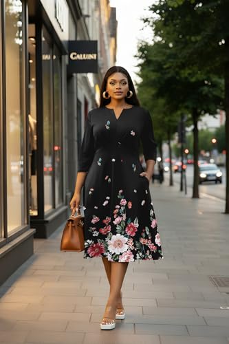 Image of Nmoder Women's Plus Size Stretchy Flared Wrap Dress Casual Wedding Guest Midi Dresses V Neck 3 /4 Sleeve A-Line Swing Dress