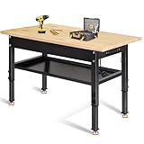 48'/60'' Adjustable Workbench, Rubber Wood Top Work Bench Heavy-Duty Work Table w/Power Outlet, Partition,2000 LBS Load Capacity Work Benches for Garage, Workshop, Home, Office, Easy Assembly